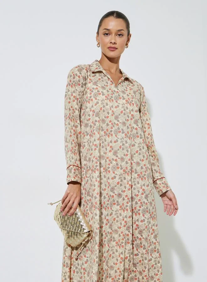 Amirah  Multi-Color All Over Floral Print Collared Maxi Jalabiya for Women | Best Price UAE