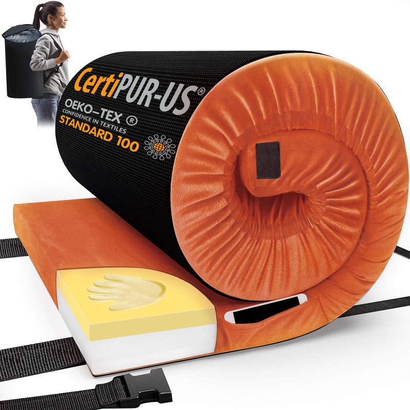 CYMULA CertiPUR-US Memory Foam Camping Mattress Pad, Portable Foam Sleeping Pad for Camping, Roll up Orange Single Sleeping Mat Floor Mattress Guest Floor Bed for Sleepover, Car, Tent SUV Cot Mattress - Image 1
