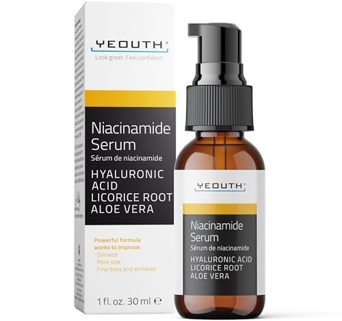 YEOUTH Niacinamide Serum for Face 10 with Hyaluronic Acid and Aloe Vera Hydrating B3 Face Serum for Women and Men Enhances the Look of EvenToned Skin 1oz