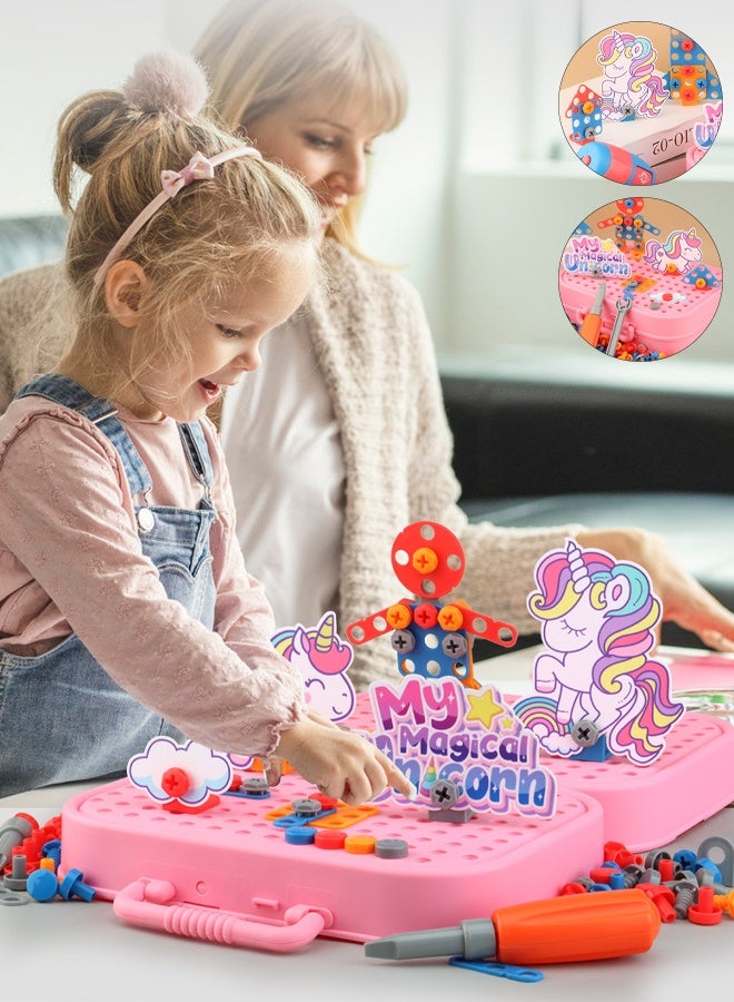 Berma Baby 351 Pieces Tool Box with Drill  Magic Toy Tool Box Unicorn Set, Unicorn Repair Tool Box Toy, Kids Puzzle Assembly Tool Box for 3-12 Years Old (Pink) - Image 1