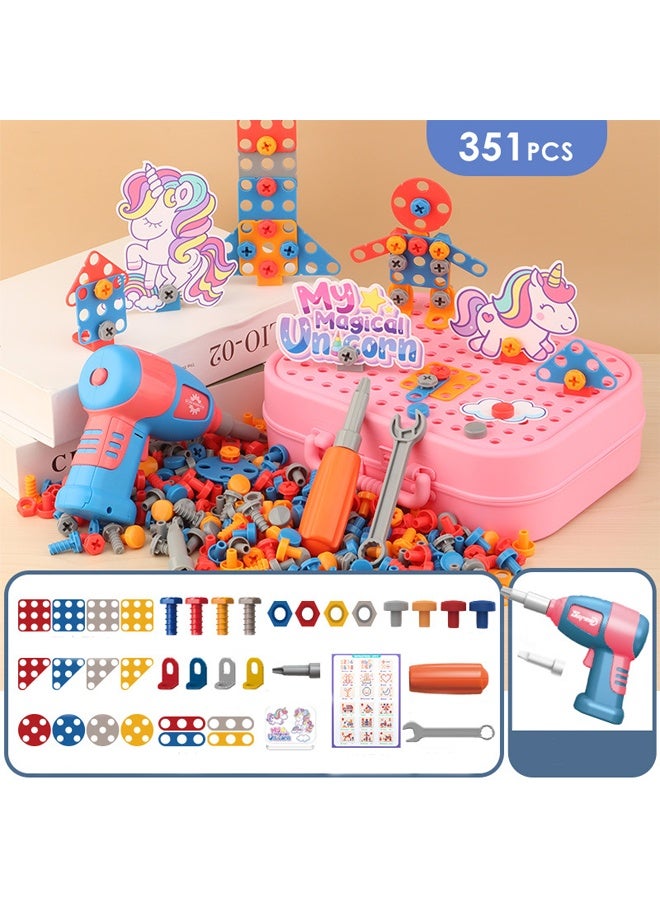 Berma Baby 351 Pieces Tool Box with Drill  Magic Toy Tool Box Unicorn Set, Unicorn Repair Tool Box Toy, Kids Puzzle Assembly Tool Box for 3-12 Years Old (Pink) - Image 2