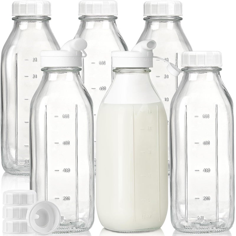 Syntic Liter Glass Milk Bottles w 100% Airtight Heavy Duty Screw Lid & 2 Dispenser- 6 Pack 32 Oz Drinking Jars - Food Grade Glass Bottles for Milk, Honey, Jam - Dishwasher Safe(Extra 2 Lids and Stickers) - Image 1