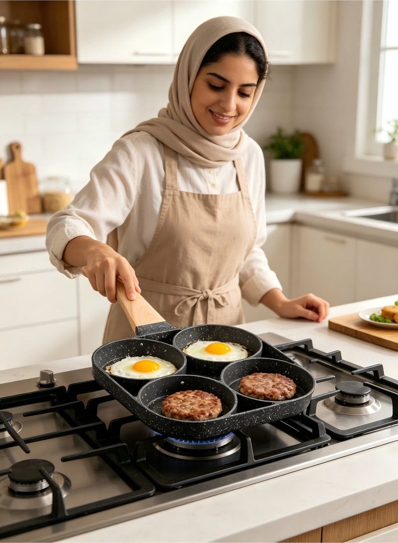 Inabyte 4-Cup Aluminum Non-Stick Egg Pan | 4 Hole Pancake & Breakfast Pan | Wood Handle, Easy to Clean | Ramadan Morning Meal Essential - Image 3