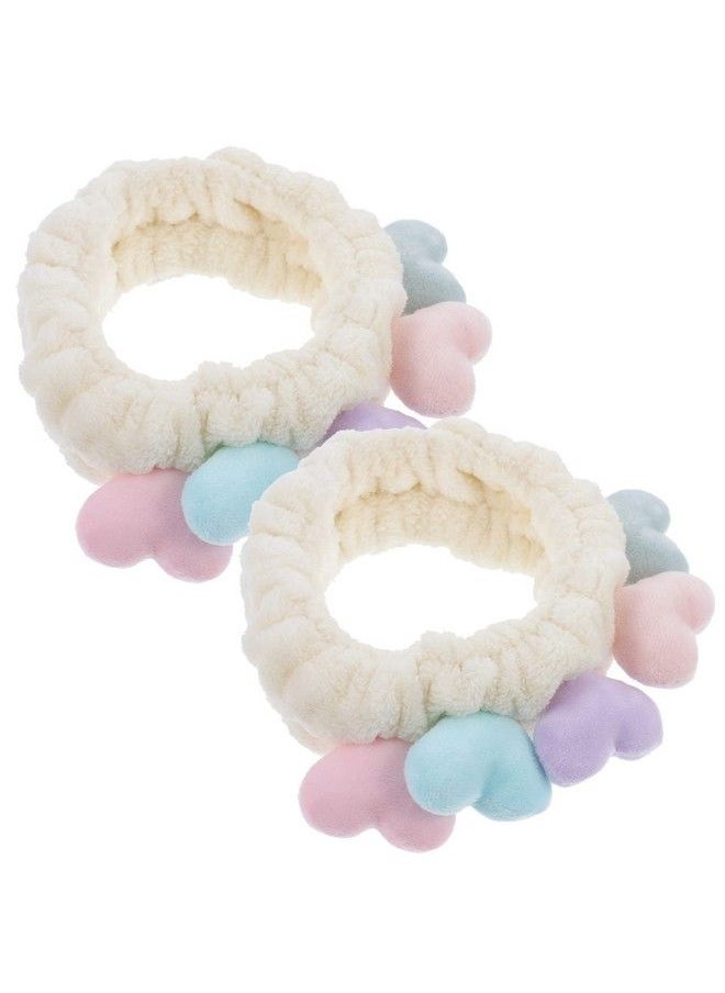 Beaupretty 2Pcs Plush Spa Headband Cute Heart Coral Fleece Makeup Headband Soft Elastic Head Wrap Cosmetic Bow Hair Bands Women Facial Hair Scrunchies For Shower (White)  - Image 5