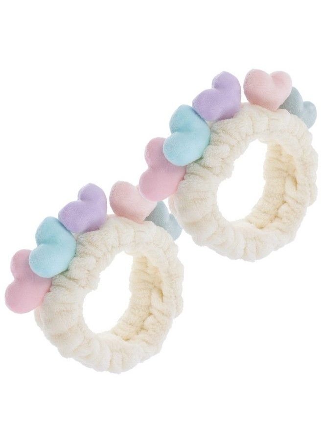 Beaupretty 2Pcs Plush Spa Headband Cute Heart Coral Fleece Makeup Headband Soft Elastic Head Wrap Cosmetic Bow Hair Bands Women Facial Hair Scrunchies For Shower (White)  - Image 1
