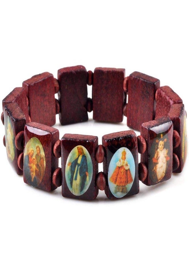 yantu 3 Pcs Religious Wooden Bracelet Jesus Bracelet Saints Rosary Bangles Elastic Stretch Small Panel Wooden Bracelet (Brown) - Image 2