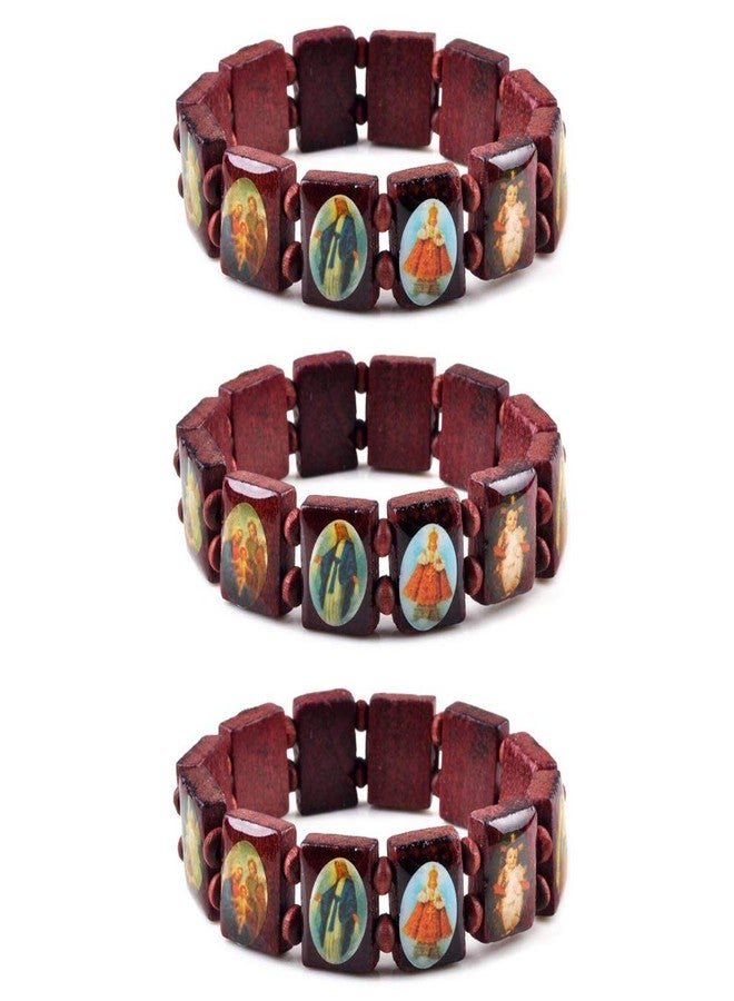 yantu 3 Pcs Religious Wooden Bracelet Jesus Bracelet Saints Rosary Bangles Elastic Stretch Small Panel Wooden Bracelet (Brown) - Image 1