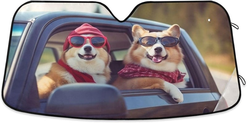 Two Cool Corgi Dogs Car Windshield Sun Shade Foldable Sun Visor Automotive Sunshades for Car Truck SUV Blocks UV Rays Keep Your Vehicle Cool - Image 1
