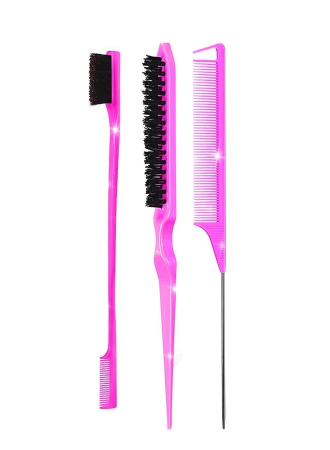 DAN Technology Hair Styling Set - 3 Pieces Teasing Comb, Rat Tail Comb, and Edge Brush for Slicking Baby Hair & Flyaways - Pink - Image 1