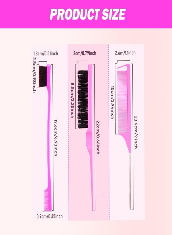 DAN Technology Hair Styling Set - 3 Pieces Teasing Comb, Rat Tail Comb, and Edge Brush for Slicking Baby Hair & Flyaways - Pink - Image 5