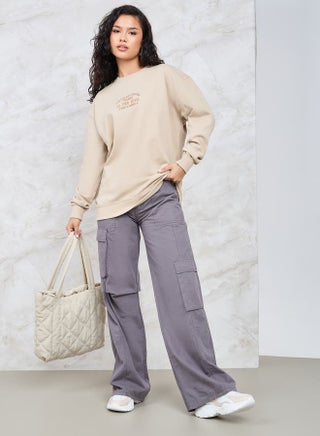 Regular Fit Longline Embroidered Slogan Sweatshirt