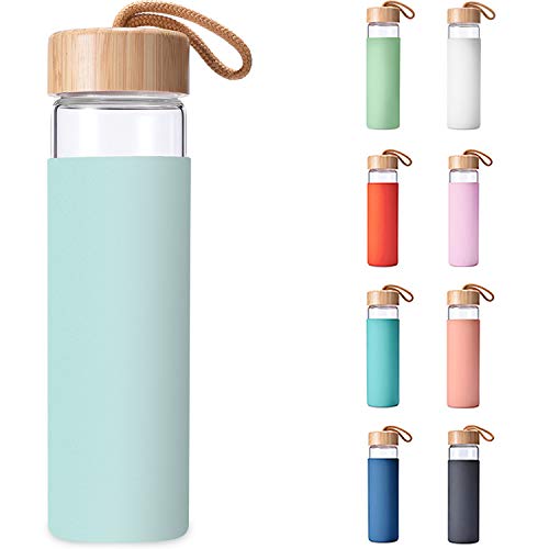 Yomious 20 Oz Borosilicate Glass Water Bottle with Bamboo Lid and Silicone Sleeve  Reusable BPA Free Drinking Bottle with Lids  Cute Bottle for Women  Glass Shaker Bottle Purist Blue - Image 1