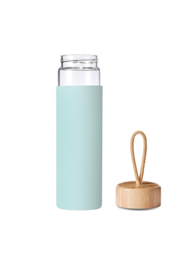 Yomious 20 Oz Borosilicate Glass Water Bottle with Bamboo Lid and Silicone Sleeve  Reusable BPA Free Drinking Bottle with Lids  Cute Bottle for Women  Glass Shaker Bottle Purist Blue - Image 3