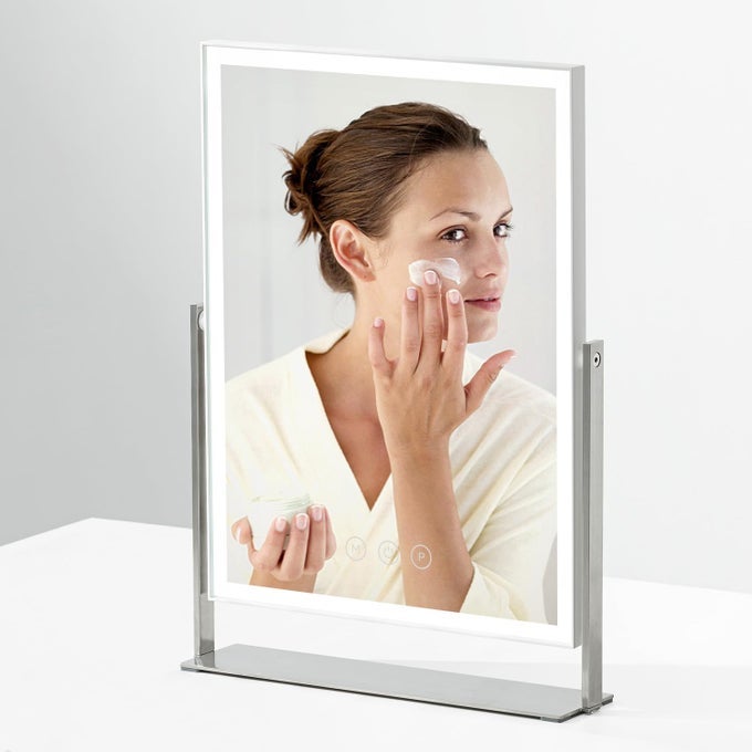 RECHARGEABLE MAKEUP MIRROR FOR DRESSING TABLE 3 COLOR LIGHT 35CM SQUARE LED VANITY MIRROR WITH LIGHT 360RATATION WITH METAL STAND BASE