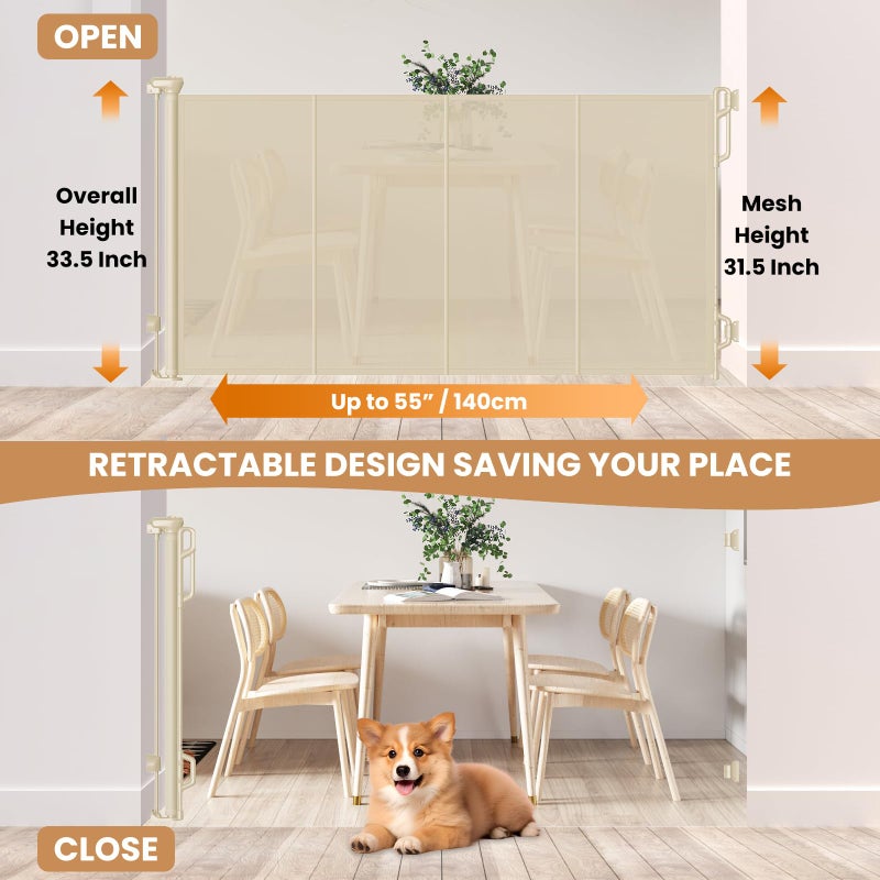 SPACEANY Reinforced Retractable Baby Gate or Mesh Dog Gate,Easy to Use for Stairs, Doorways, Hallways, Indoor, Outdoor, Wide Pet Gate 33.5" Tall, Extends to 55" Wide, Cream - Image 2