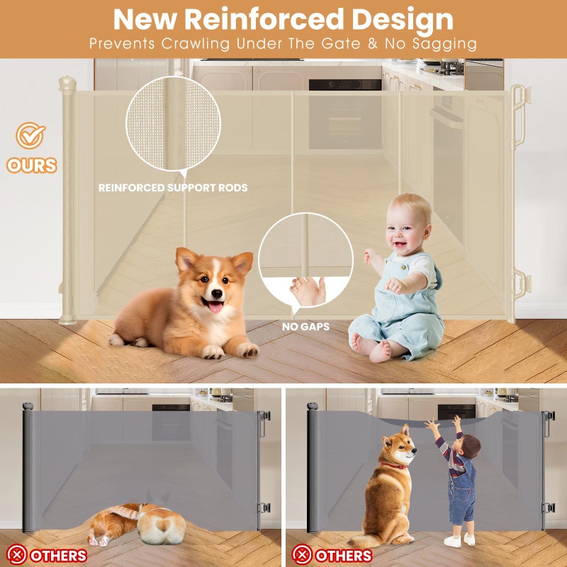SPACEANY Reinforced Retractable Baby Gate or Mesh Dog Gate,Easy to Use for Stairs, Doorways, Hallways, Indoor, Outdoor, Wide Pet Gate 33.5" Tall, Extends to 55" Wide, Cream - Image 3