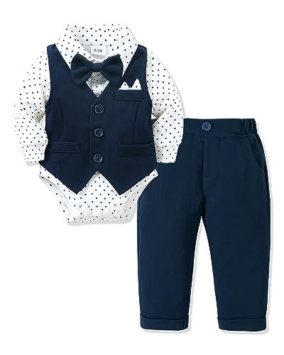 YALLET Baby Boy Clothes Suit 0-18 Months Infant Boy Gentleman Outfits, Dress Shirt+Bowtie+Vest+Pants Set Wedding Party Suits - Image 1