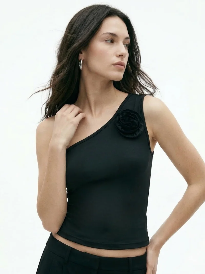 Outzidr Black One Shoulder Tank With Floral Corsage Detail