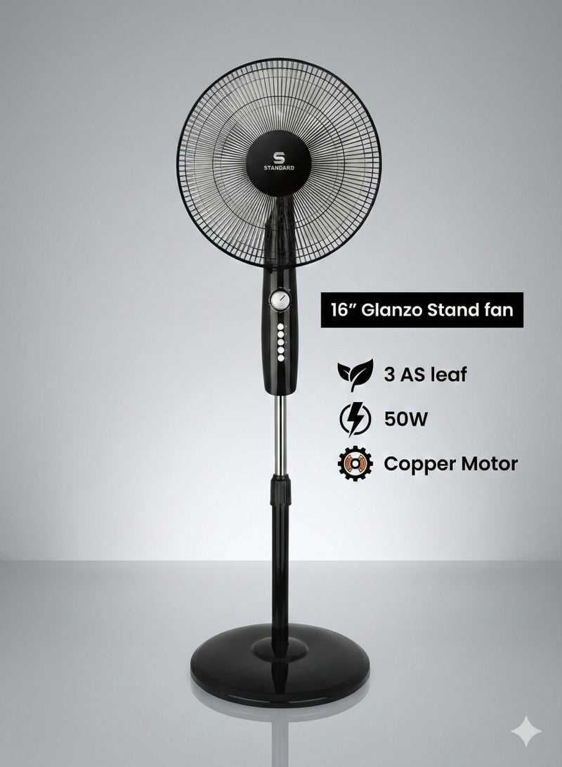 Havells Standard 16" Stand Fan – Glanzo Model | 50W Powerful Copper Motor | 3 AS Aerodynamic Blades | Adjustable Height | Wide-Angle Oscillation | Low Noise Operation | Durable Black Finish | model number FOSGZBLK16021 - Image 1