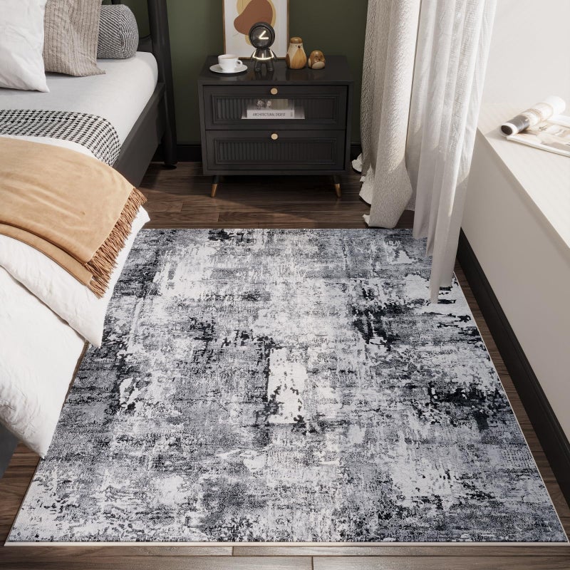 Rugcomf 4x6 Rug Washable Boho Soft Area Rug Abstract Pattern Non-Slip Faux Wool Vintage Rug for Living Room, Bedroom Rug, Farmhouse, Dining Room, Kids Playroom, Grey and Black - Image 3