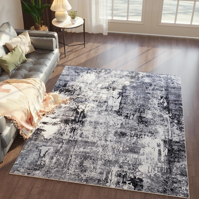 Rugcomf 4x6 Rug Washable Boho Soft Area Rug Abstract Pattern Non-Slip Faux Wool Vintage Rug for Living Room, Bedroom Rug, Farmhouse, Dining Room, Kids Playroom, Grey and Black - Image 1
