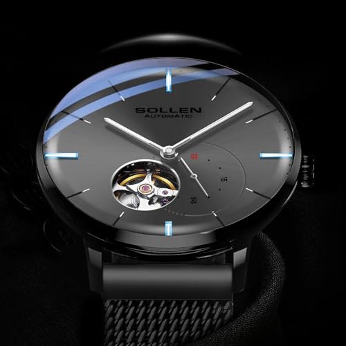 SOLLEN Black Men's Skeleton Watches, Stylish Minimalist Automatic Mechanical Watches, 30M/3ATM Waterproof Cool Self-Winding Watch with Luminous Hands & Seconds Subdial, Casual Fashion Business Luxury Watch for Daily Use - 42mm - Image 4
