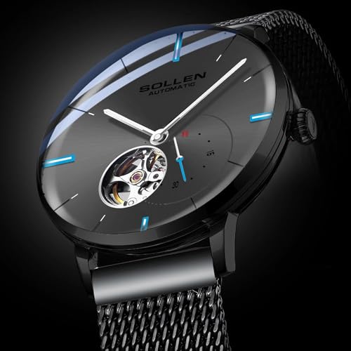 SOLLEN Black Men's Skeleton Watches, Stylish Minimalist Automatic Mechanical Watches, 30M/3ATM Waterproof Cool Self-Winding Watch with Luminous Hands & Seconds Subdial, Casual Fashion Business Luxury Watch for Daily Use - 42mm - Image 5