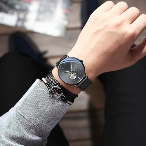 SOLLEN Black Men's Skeleton Watches, Stylish Minimalist Automatic Mechanical Watches, 30M/3ATM Waterproof Cool Self-Winding Watch with Luminous Hands & Seconds Subdial, Casual Fashion Business Luxury Watch for Daily Use - 42mm - Image 3