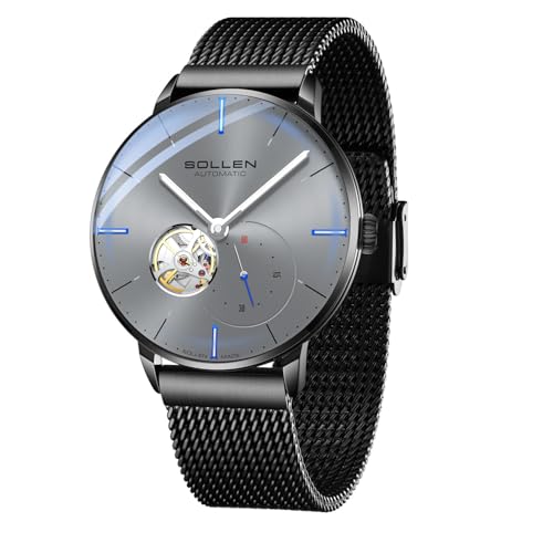 SOLLEN Black Men's Skeleton Watches, Stylish Minimalist Automatic Mechanical Watches, 30M/3ATM Waterproof Cool Self-Winding Watch with Luminous Hands & Seconds Subdial, Casual Fashion Business Luxury Watch for Daily Use - 42mm - Image 1