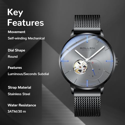 SOLLEN Black Men's Skeleton Watches, Stylish Minimalist Automatic Mechanical Watches, 30M/3ATM Waterproof Cool Self-Winding Watch with Luminous Hands & Seconds Subdial, Casual Fashion Business Luxury Watch for Daily Use - 42mm - Image 2