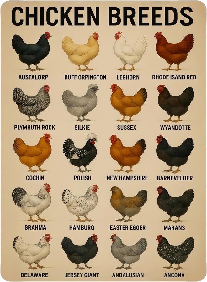 Funnysign Rooster Lovers Gifts Chicken Breeds Vintage Tin Sign for Home Kitchen Farm Chicken Coop Decor 8 x 12 Inches (3844) - Image 1