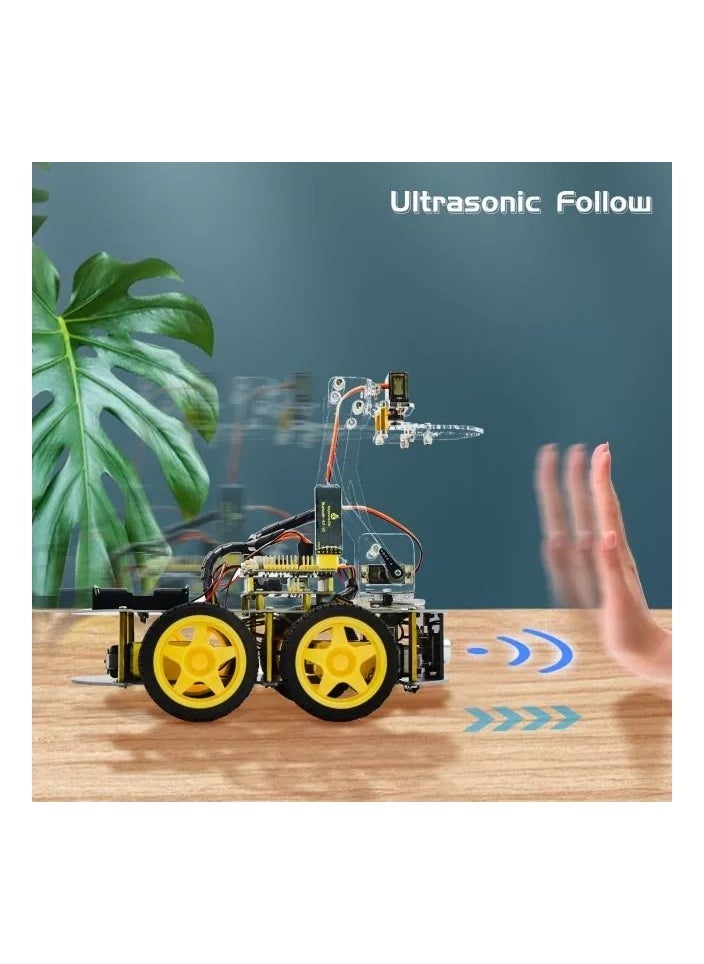 Keyestudio - 4WD Smart Car with Mechanical Arm for Arduino Programmable Robot Kit Compatible with Android and IOS Ideal for STEM Learning and Educational Robotics for Kids and Beginners - Image 1