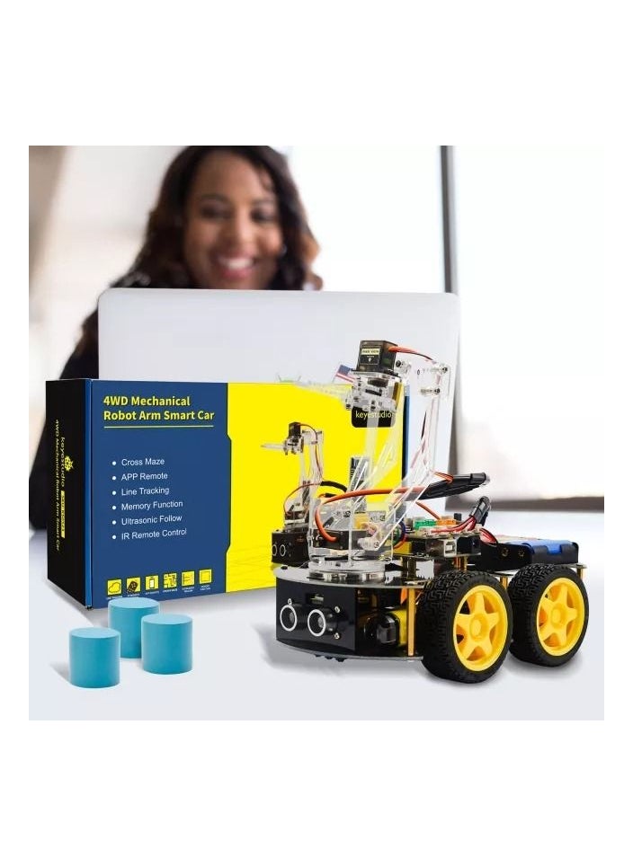 Keyestudio - 4WD Smart Car with Mechanical Arm for Arduino Programmable Robot Kit Compatible with Android and IOS Ideal for STEM Learning and Educational Robotics for Kids and Beginners - Image 1