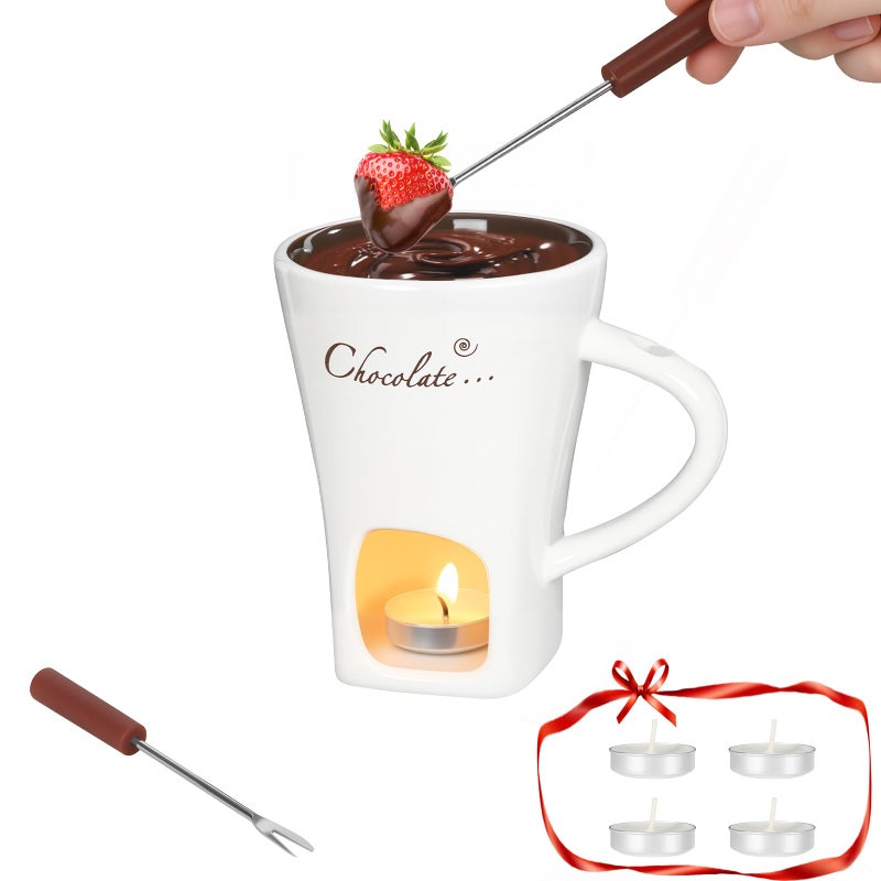daslich Fondue Pot Cup Set, Chocolate Melting Fondue Mugs 2 Pack with 4 Forks & 8 Tealights, Mini White Ceramic Fondue Set for Cheese, Marshmallows, Sweet Fondue Cup for Date Night Party Wedding Holiday Gift - Image 1