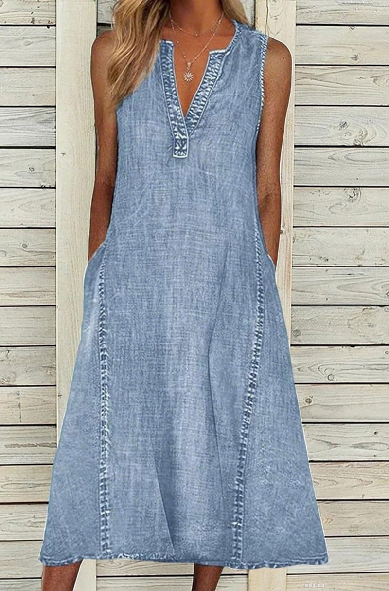 loveimgs Women Summer Sleeveless Denim Midi Dress Jean Jumper A Line Tunic Sundress Western Long Shift Tank Dress 2025 (Large,Blue) - Image 2
