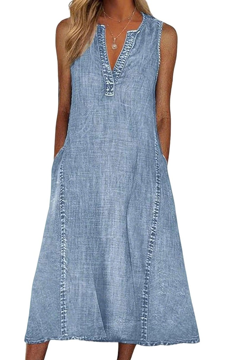 loveimgs Women Summer Sleeveless Denim Midi Dress Jean Jumper A Line Tunic Sundress Western Long Shift Tank Dress 2025 (Large,Blue) - Image 1