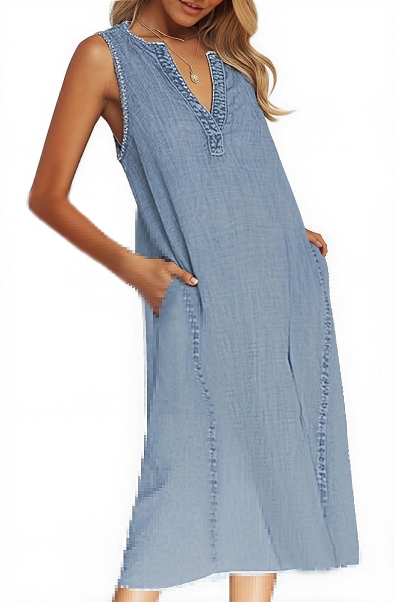 loveimgs Women Summer Sleeveless Denim Midi Dress Jean Jumper A Line Tunic Sundress Western Long Shift Tank Dress 2025 (Large,Blue) - Image 4