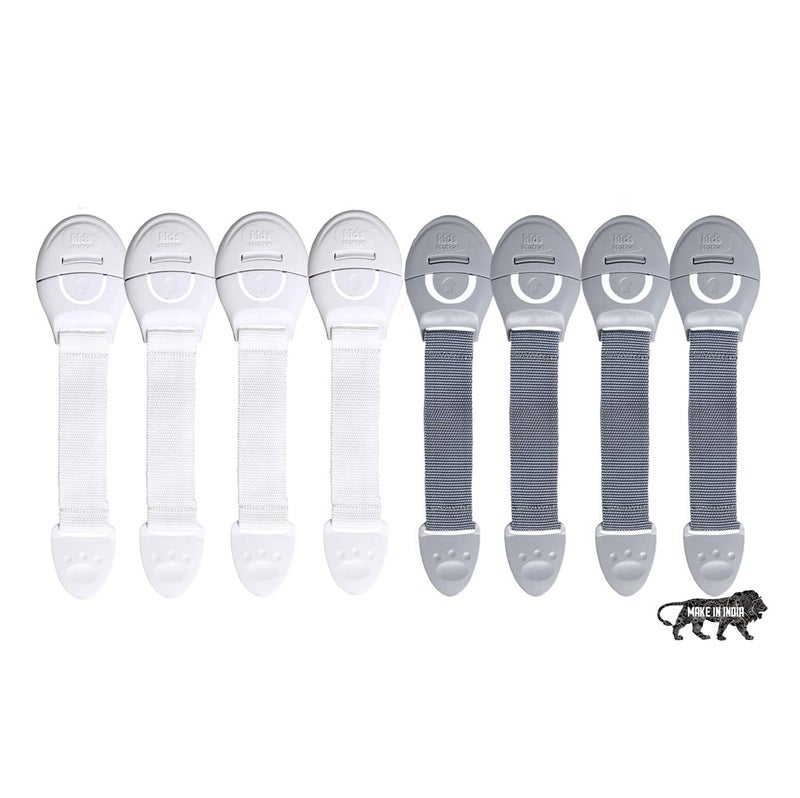 Chipmunks Furniture Safety Locks for Kids, Made in India Child Safety, Locks for Drawers, Cabinets, Fridge, Cupboard Lock, Strong and Adhesive Safety Locks (4 Grey + 4 White) - Image 1