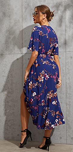 Kormei Womens Short Sleeve Floral Maxi Dress High Low V-Neck Flowy Party Long Dresses M Blue&Purple - Image 5