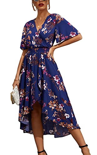 Kormei Womens Short Sleeve Floral Maxi Dress High Low V-Neck Flowy Party Long Dresses M Blue&Purple - Image 1