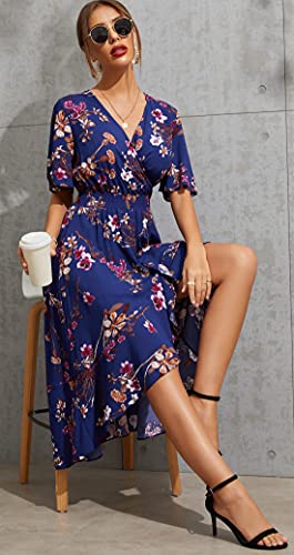 Kormei Womens Short Sleeve Floral Maxi Dress High Low V-Neck Flowy Party Long Dresses M Blue&Purple - Image 3