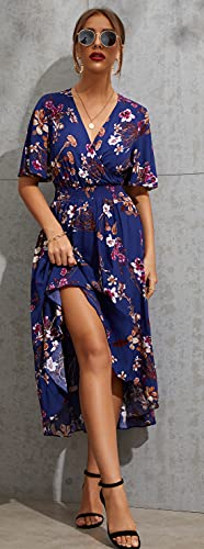 Kormei Womens Short Sleeve Floral Maxi Dress High Low V-Neck Flowy Party Long Dresses M Blue&Purple - Image 2