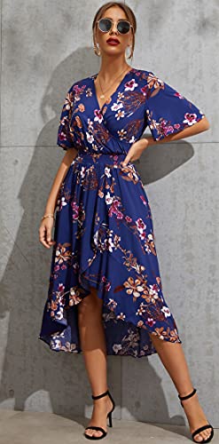 Kormei Womens Short Sleeve Floral Maxi Dress High Low V-Neck Flowy Party Long Dresses M Blue&Purple - Image 4