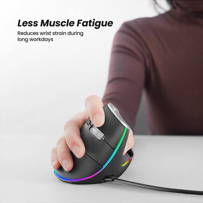 Nulea M504 Wired Vertical Mouse, USB Ergonomic Optical Mouse with 4 Adjustable DPI, 11 RGB Backlight Modes, Compatible for Laptop, PC, Desktop, Mac, Grey - Image 2