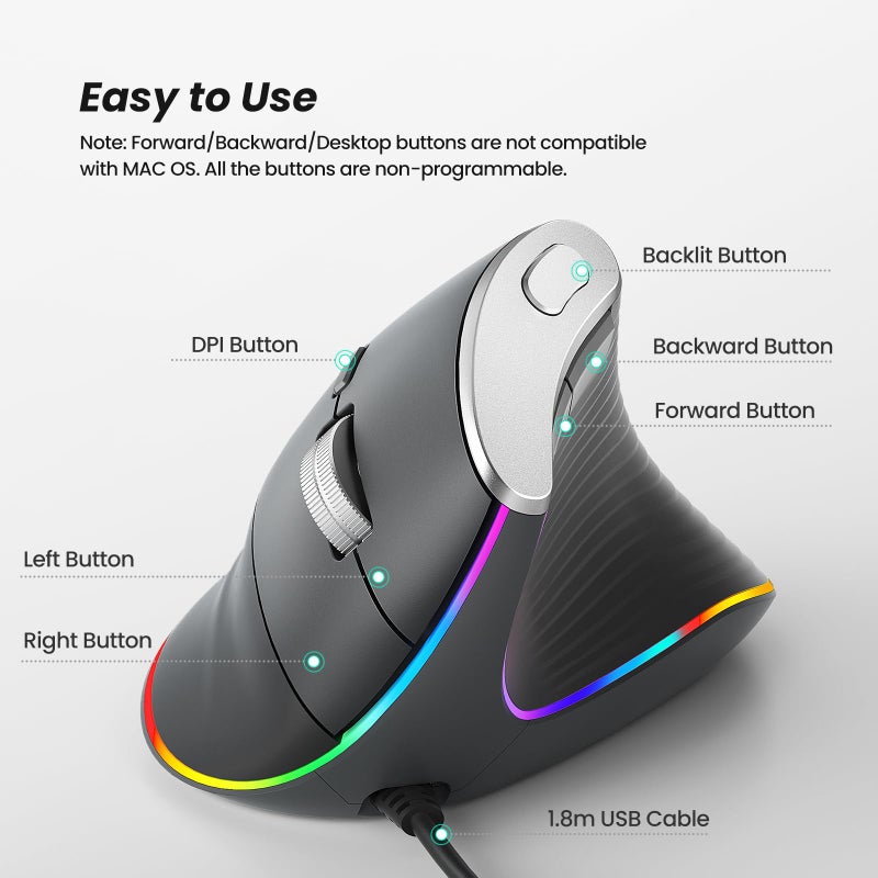 Nulea M504 Wired Vertical Mouse, USB Ergonomic Optical Mouse with 4 Adjustable DPI, 11 RGB Backlight Modes, Compatible for Laptop, PC, Desktop, Mac, Grey - Image 4