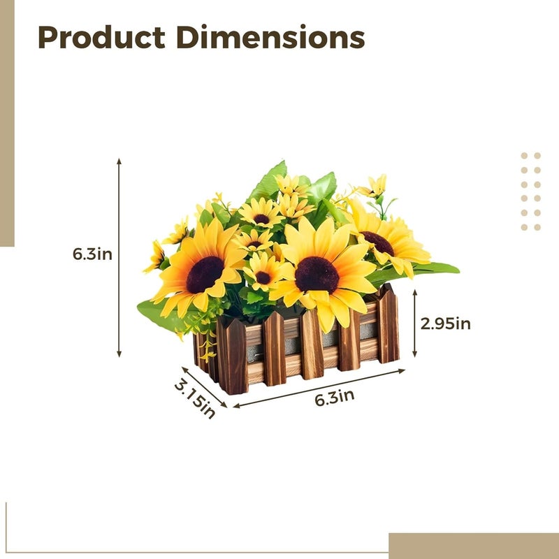 Faux Sunflower Arrangement Set - 2 Pcs of 6.3 in Sunflower Plants with Wooden Planter - Image 4
