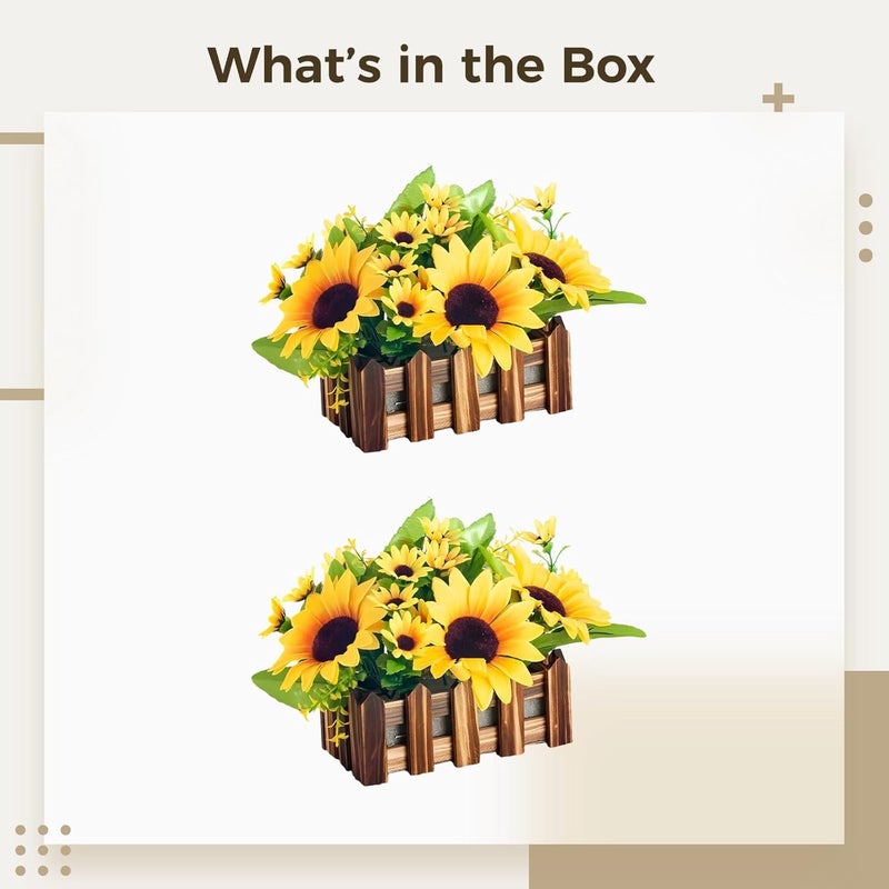 Faux Sunflower Arrangement Set - 2 Pcs of 6.3 in Sunflower Plants with Wooden Planter - Image 5
