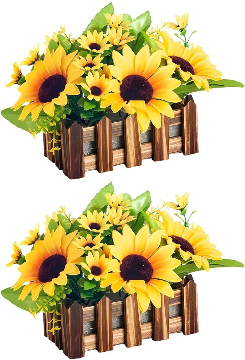 Faux Sunflower Arrangement Set - 2 Pcs of 6.3 in Sunflower Plants with Wooden Planter - Image 1