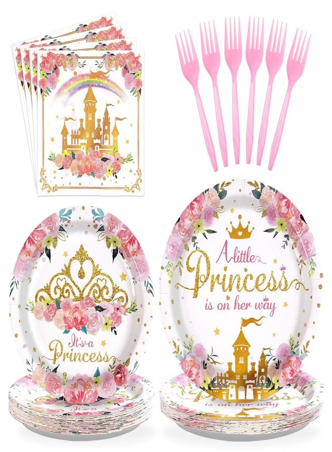 Grencian مجموعة غرينسيان المكونة من 96 قطعة من لوازم حفلات الأميرات، تشمل أطباقًا ومناديل لحفلات استقبال المولود الجديد وأعياد الميلاد، وديكورات مستوحاة من القلاع. طقم أدوات مائدة "أميرة صغيرة في الطريق" لحفلات الفتيات الخيالية. - Image 1