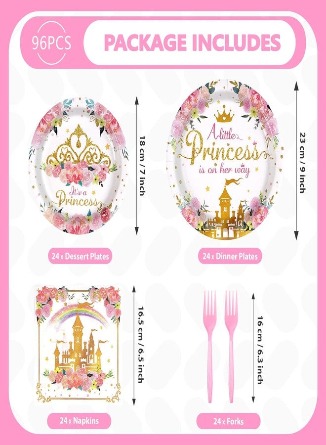 Grencian مجموعة غرينسيان المكونة من 96 قطعة من لوازم حفلات الأميرات، تشمل أطباقًا ومناديل لحفلات استقبال المولود الجديد وأعياد الميلاد، وديكورات مستوحاة من القلاع. طقم أدوات مائدة "أميرة صغيرة في الطريق" لحفلات الفتيات الخيالية. - Image 5